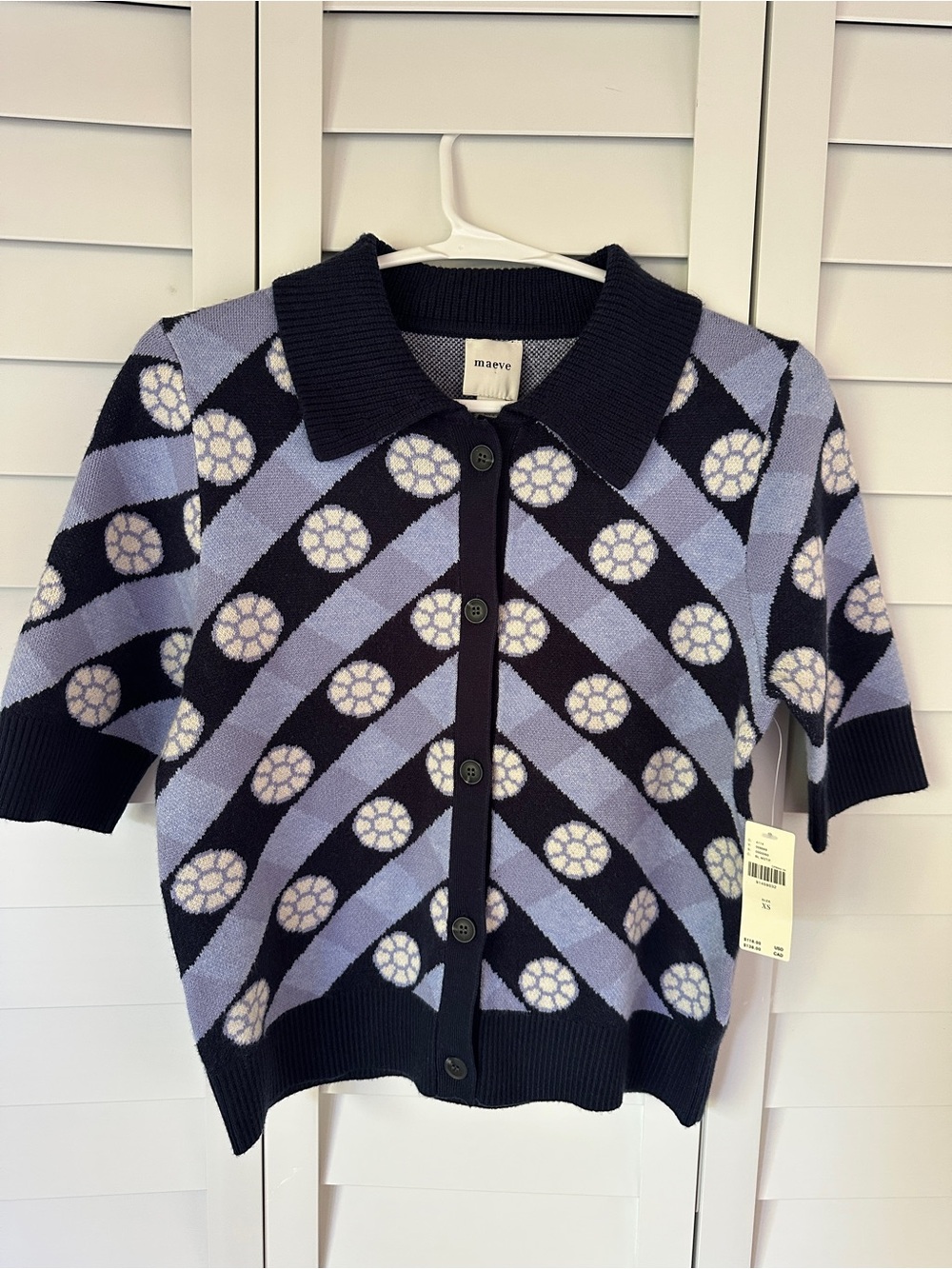 Maeve Navy & Lavender Short-Sleeve Collared Cardigan